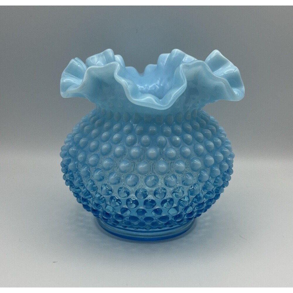 VNTG Fenton Blue Hobnail Opalescent Ruffle Vase 5x6 inches